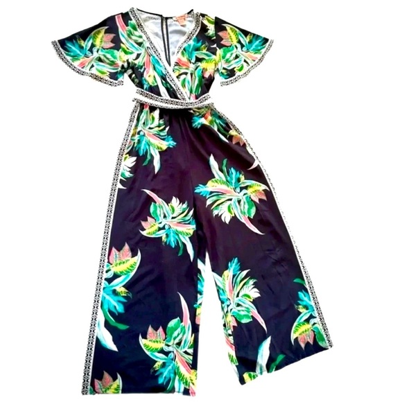 FLYING TOMATO ~ Women’s black pantsuit with colorful tropical design size M - Picture 6 of 7
